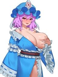 blue_headwear blue_kimono breasts female frilled_kimono frilled_sleeves frills grabbing grabbing_another's_breast grabbing_own_breast hat highres huge_breasts japanese_clothes kimono long_sleeves mature_female milf mob_cap obi open_clothes oreomanko pink_eyes pink_hair plump saigyouji_yuyuko sash short_hair simple_background solo thick_thighs thighs touhou triangular_headpiece wavy_hair white_background wide_sleeves yuyuko_saigyouji