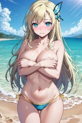 ai_generated beach big_breasts blonde_hair blue_eyes boku_wa_tomodachi_ga_sukunai covering_breasts embarrassed embarrassment hair_ornament large_breasts long_hair mako_(artist) panties sena_kashiwazaki