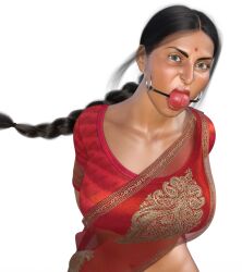 3d angry ball_gag bindi black_hair bondage daz3d gag indian indian_female ponytail red_dress saree tied_up tikka