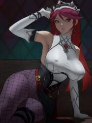 big_boobs big_breasts cleavage clothed crown erect_nipples female female_focus female_only genshin_impact ignite_(artist) looking_at_viewer nipple_outline red_hair red_sclera rosaria_(genshin_impact) solo solo_female solo_focus thick_thighs tight_clothing