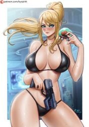 1girls bikini black_bikini blonde_hair blue_eyes breasts female kyopink metroid ponytail samus_aran solo solo_female