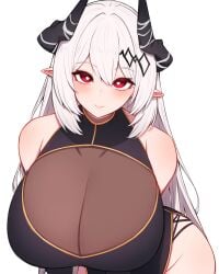 1girls alluring arknights big_breasts cleavage cleavage_cutout cleavage_overflow dress female female_focus female_only hair hands_under_breasts horns huge_breasts light-skinned_female light_skin long_hair looking_at_viewer looking_up massive_breasts mudrock_(arknights) pointy_ears red_eyes rikuguma smile smiling smiling_at_viewer standing tagme thick_thighs thighs white_hair