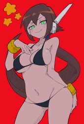 aile alternate_breast_size bikini black_bikini buzzlyears contrapposto hand_on_breast large_breasts mega_man mega_man_zx smug smug_smile thick_thighs wide_hips