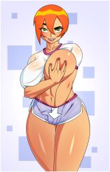 1girls ben_10 big_breasts donchibi future_gwen green_eyes gwen_tennyson hand_in_pants hand_on_breast human large_breasts looking_at_viewer nipple no_bra orange_hair short_hair thighs