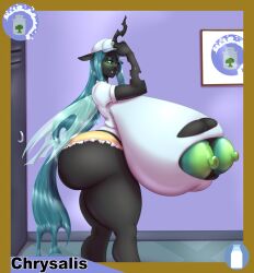 anthro ass black_chitin blushing_at_viewer breasts changeling changeling_(mlp) changeling_queen chrysalis english_text female friendship_is_magic giant_breasts green_hair green_nipples green_tail green_wings hasbro huge_breasts hyper_breasts locker looking_at_viewer marauder6272 massive_breasts my_little_pony nipples queen_chrysalis_(mlp) side_view text torn_shirt white_shirt yellow_shorts