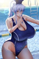 alternate_hairstyle blue_hair blue_headwear blue_one-piece_swimsuit blush breasts collarbone commentary_request cowboy_shot female highres huge_breasts inui_(shirakawa777) kamishirasawa_keine keine_kamishirasawa long_hair mature_female milf one-piece_swimsuit ponytail pool red_eyes solo swimsuit teacher touhou whistle