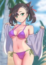 1girls beach bikini black_hair covered_nipples dark_hair female flashing goth goth_girl green_eyes light-skinned_female light_skin maho_(corotonton5150) marnie_(pokemon) medium_breasts medium_hair pale_skin pink_bikini pokemon pokemon_(game) pokemon_ss solo straight_hair swimsuit towel twintails