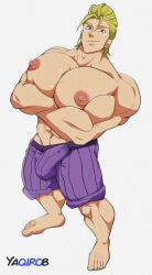 1boy arousal aroused bara bara_tiddies bara_tits big_chest big_pecs blonde_hair boxers bulge erect erect_penis erection feet gay howzer huge_chest huge_pecs male male_only muscular nanatsu_no_taizai penis_bulge purple_eyes solo solo_male the_seven_deadly_sins underwear yaqirob