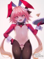 1boy areolae artist_signature astolfo_(fate) belly_button bow breasts bunny_boy bunny_ears bunnysuit censored drink ear_piercing earrings eyeshadow fate/grand_order fate_(series) femboy feminine_male heart heart-shaped_pupils legwear long_hair male_focus male_pubic_hair navel nipples oerba_yun_fang okuri_banto open_mouth penis piercing pink_eyes pink_hair pubic_hair revealing_clothes ribbon signature simple_background small_penis solo solo_focus thighs tray twintails white_hair_stripe