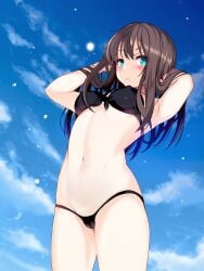 1girls arms_up belly_button bikini bikini_bottom bikini_top blue_eyes blush breasts brown_hair cloud crotch_seam female_focus idolmaster idolmaster_cinderella_girls navel nipple_bulge okuri_banto shibuya_rin sky solo solo_focus swimsuit swimwear thighs two-piece_swimsuit two_piece_swimsuit