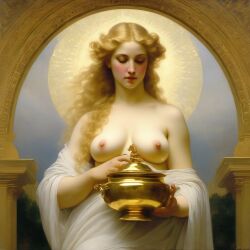 ai_generated blonde_hair breasts closed_eyes curly_hair curvy female flower flowers halo incense_burner lips long_hair medium_breasts nipples realistic solo topless william_bouguereau