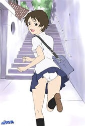 1girls ass backpack bag black_kneehighs black_legwear blouse brown_eyes brown_hair female footwear kneehighs konno_makoto looking_at_viewer looking_back miniskirt moriya_naoki open_mouth panties pantyshot pleated_skirt randoseru running school_bag school_uniform seifuku serafuku shirt shoes short_hair skirt smac socks solo the_girl_who_leapt_through_time toki_wo_kakeru_shoujo underwear watermark white_panties white_shirt