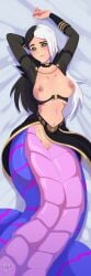 1girls 2024 artist_name black_hair bodypillow claudia_(the_dragon_prince) dakimakura dakimakura_design green_eyes hornygraphite lamia long_hair monster_girl netflix no_bra pussy the_dragon_prince two-tone_hair watermark white_hair