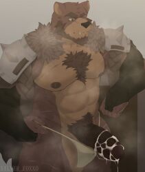 abs anthro bear beard bodily_fluids body_hair chest_hair cum facial_hair genital_fluids hi_res male mammal muscular muscular_anthro muscular_male nipples pecs silver_foxxo sweat