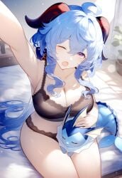 ai_generated belly_button big_breasts blue_hair bra ganyu_(genshin_impact) genshin_impact horns hoyoverse lingerie lingerie_only looking_back one_eye_closed panties pink_eyes setsuaiart setsumanga sitting slim_waist teenager thick_thighs wide_hips yawn yawning