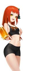 1girls absurdres alternate_costume aqua_eyeshadow bare_shoulders beer_mug black_shorts black_tank_top breasts commission crop_top cup dhokidoki eyeliner eyeshadow facial_mark female female_only fire_emblem fire_emblem_engage highres holding holding_cup hooters long_hair makeup mug navel nintendo non-web_source open_mouth orange_hair panette_(fire_emblem) red_eyeliner short_bangs shorts sidelocks small_breasts smile solo stitched_mouth stitches tank_top teeth transparent_background upper_teeth_only waitress