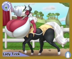 black_fur black_sclera carrying_object centaur centauress cleavage equid_taur eyebrow_raise farm female friendship_is_magic genderswap_(mtf) glaring glaring_at_viewer hasbro horns horse_tail huge_breasts hyper_breasts long_hair long_hair_female marauder6272 massive_breasts milk_canister my_little_pony nose_ring red_skin rule_63 shorts sneer taur tirek tirek_(mlp) white_hair white_hooves white_shirt yellow_eyes