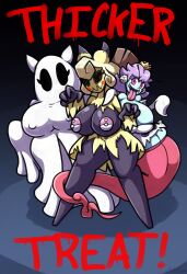 bedsheet_ghost blonde_hair boo_(mario) chabble drawn_on_face ghost ghost_girl halloween_theme invisible_woman mario_(series) mimikyu pink_eyes pokemon pokemorph post_transformation princess_daisy purple_hair super_mario_bros.