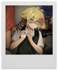 3boys 5saiji basil_(omori) blonde_hair blue_eyes blush brother brothers erection femboy gay girly green_vest hair_between_eyes hair_ornament hero_(omori) incest kel_(omori) looking_away male_only mmm_threesome mosaic_censoring omori pants_down penis polaroid pubic_hair red_shirt shy sweat trap white_shirt yaoi