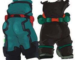 2boys ass ass_focus ass_shot belt butt butt_focus butt_shot costume hero_outfit_(mha) human izuku_midoriya katsuki_bakugou male male_only my_hero_academia rear_view signature simple_background standing superhero_costume unknown_artist white_background