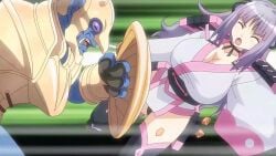 1girls animated anime_screencap armor ass attack blush breasts clothing defeated_heroine female female_fighter female_warrior goblin goblin_male goblin_no_suana holding holding_shield holding_sword holding_weapon huge_breasts japanese_clothes katana majin_(company) majin_label male_monster monster on_ground outdoors ova pale_skin pink_clothing samurai sayuki_(goblin_no_suana) screenshot shield sound sword video weapon