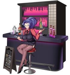 1girls bartender blue_hair bottle breasts chair character_request cigarette full_body glass glasses heels large_breasts necktie original pantyhose ponytail sitting skirt solo source_request stevechopz tray