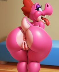 1girls ai_generated anthro anus ass ass_focus bed bedroom bent_over birdo darkeffect female_only looking_at_viewer looking_back mario_(series) open_mouth pink_body presenting_hindquarters pussy rear_view reptile solo tongue tongue_out wide_hips