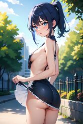 1girls ai_generated ass blue_dress blue_eyes blue_hair blue_sky breasts female from_side hi_res lifting_skirt looking_at_viewer original_character park petite sideboob solo trees