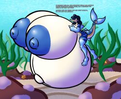 anthro belly big_belly big_breasts billfish blue_body blue_eyes blue_hair blue_nipples blush breasts dialogue eyewear female fin fish fish_tail glasses hair hi_res huge_belly huge_breasts hyper hyper_belly hyper_breasts hyper_pregnancy istiophoriform long_snout marine marlin mature_female navel nipples non-mammal_breasts outie_navel pointy_nose pregnant snout solo sprucy striped_body stripes underwater water