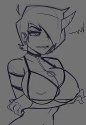 1girls big_breasts breasts ekowrosmi hair_over_one_eye half_body sharp_teeth short_hair sketch