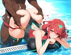 1boy 1girls ai_generated ass bare_arms bare_legs bare_shoulders bare_thighs big_ass big_breasts big_butt blush breasts color dark-skinned_male dark_skin female hi_res interracial large_breasts light-skinned_female light_skin looking_pleasured lucyla male male/female male_penetrating muscles muscular muscular_male nintendo penetration penile_penetration penis penis_in_pussy pleasure_face pussy pyra pyra_(xenoblade) red_eyes red_hair sex sex_from_behind short_hair tagme thick_thighs vaginal_penetration water xenoblade_(series) xenoblade_chronicles_2