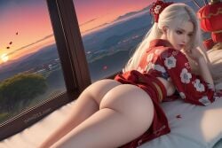 1girls ai_generated artist_name ass battle_through_the_heavens bottomless brown_eyes female hair_ornament kimono light-skinned_female lying_on_stomach web_address white_hair window xiao_yi_xian