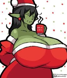 christmas christmas_clothing christmas_headwear christmas_outfit coffee coffee_mug cup earrings freckles freckles_on_breasts freckles_on_face gigantic_breasts goblin goblin_female kuruman mature_female messed_up_hair milf mother oc older_female original original_character