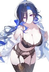 ai_generated belly_button big_breasts black_hair blue_hair blush bra clorinde_(genshin_impact) earrings genshin_impact hoyoverse huge_breasts lingerie lingerie_only long_hair panties pink_eyes purple_eyes setsuaiart setsumanga shirt_lift shirt_up slim_waist stockings thick_thighs thigh_highs thighhighs two_tone_hair underwear wide_hips