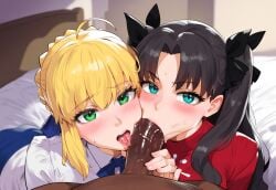 1boy 2girls ai_generated artoria_pendragon collaborative_fellatio cooperative_fellatio dark-skinned_male ded_173 fate/stay_night fate_(series) fellatio huge_cock interracial multiple_girls pov teamwork tohsaka_rin