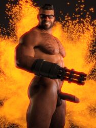 3d 3d_(artwork) 3d_model amputee bara bara_tits barret_wallace black_hair erect erect_penis erection final_fantasy final_fantasy_vii final_fantasy_vii_remake gun_arm hairy_chest lava machine_gun magma male male_focus male_only saltyrenders solo solo_focus solo_male square_enix sunglasses thick_penis