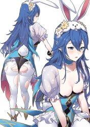 1girls alternate_costume ameno_(a_meno0) animal_ears ass blue_eyes blue_hair breasts bunny_ears bunny_girl bunnysuit cleavage collarbone fake_animal_ears fake_tail female female female_only fire_emblem fire_emblem_awakening fire_emblem_heroes flower hair_between_eyes large_ass leotard long_hair lucina_(fire_emblem) lucina_(spring)_(fire_emblem) nintendo official_alternate_costume pantyhose playboy_bunny puffy_short_sleeves puffy_sleeves rabbit_ears rabbit_tail short_sleeves simple_background small_breasts solo tail torn_clothes torn_pantyhose white_background white_pantyhose yellow_flower