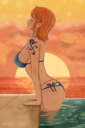 1girls bare_arms bare_legs bare_shoulders bare_thighs big_breasts bikini bikini_bottom bikini_top closed_eyes clothed clothing color female female_focus female_only hi_res hiyozuki large_breasts light-skinned_female light_skin nami nami_(one_piece) one_piece orange_hair pool pre-timeskip short_hair shounen_jump solo solo_female sunset tagme tattoo thick_thighs water wet