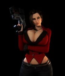 1girls 3d 3d_(artwork) alternate_breast_size arms_under_breasts black_hair breasts_bigger_than_head cleavage clothed clothed_female curvy curvy_female curvy_figure elexis_sinclaire female female_only female_solo green_eyes gun hips holding_gun holding_object holding_weapon hourglass_figure huge_breasts looking_at_viewer midriff midriff_baring_shirt necklace sin_(game) slim_waist solo solo_female thin_waist top_heavy top_heavy_breasts vaako weapon wide_hips