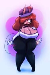 :0 adorable anthro big_breasts black_leggings black_legwear bright_background brown_hair cleavage coco_(dj_arts) cool_colors cute dj_arts eye_scar female halftone hand_on_breast hat horns legs long_gloves low_quality no_neck ribbon scar shading shiny_breasts shiny_skin source_request surprised sweater tail thick_thighs unknown_artist unreadable_text watermark white_gloves white_sweater wide_hips