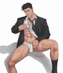 1boy bara barazoku black_hair briefs bulge clothing daddy gay hiromi_higuruma jujutsu_kaisen male male_focus male_only manly mature_male muscular_male penis_outline solo solo_male taking_clothes_off underwear yaoi