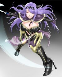 1girls attack axe bare_thighs black_panties boots breasts camilla_(fire_emblem) cleavage female female_only fire_emblem fire_emblem_fates gloves grin hair_over_one_eye high_heels hottiku inner_thighs large_breasts long_hair looking_at_viewer more_at_source nintendo panties pelvic_curtain purple_hair red_eyes see-through smile solo swinging thigh_boots thighs underwear weapon