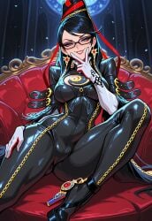 1girl ai_generated amulet bayonetta black-framed_eyewear black_bodysuit black_hair blue_eyes bodysuit breasts cleavage_cutout clothing clothing_cutout couch earrings elbow_gloves eyeshadow eyewear female glasses gloves grin hair_ribbon high_heels jewelry lips lipstick long_hair looking_at_viewer makeup medium_breasts mole mole_under_mouth platinum_games ribbon sallylove seductive_smile sitting skin_tight smile solo v v_over_mouth very_long_hair white_gloves
