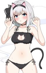 animal_ears aqua_eyes bell black_bra black_choker black_hairband black_panties bra breasts cat_cutout cat_ear_panties cat_ears cat_lingerie cat_tail choker cleavage cleavage_cutout clothing_cutout commentary_request cowboy_shot female finaltakenoko ghost gluteal_fold grey_hair hairband highres konpaku_youmu konpaku_youmu_(ghost) looking_at_viewer medium_breasts meme_attire navel neck_bell panties paw_pose short_hair side-tie_panties solo standing stomach sweat tail touhou underwear underwear_only youmu_konpaku