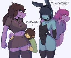 abs animal_ears anthro blue_body blue_hair blue_skin blush both_sexes_in_same_situation bottomwear breasts brown_hair bulge bulge_through_clothing bunny_costume bunny_ears bunny_tail bunnysuit clothing collar costume crossdressing deltarune demidoggo dragon duo elbow_gloves embarrassed english_text female femboy feminine_male girly hair hair_over_eyes hi_res human humanoid kris_(deltarune) leotard lizard male male/female mammal midriff mythological_creature mythological_scalie mythology otoko_no_ko pink_body playboy_bunny purple_body purple_scales rabbit_ears reptile scales scalie school_uniform skirt species_play spiked_collar spikes stockings susie_(deltarune) tail thighhighs undertale_(series) uniform yellow_body