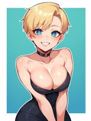 ai_generated big_breasts black_dress blonde_hair breasts cleavage cute dress female jorgecarlosai pixie_cut portrait short_hair smile tagme
