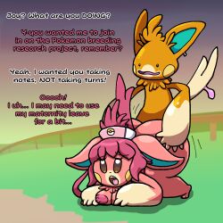 all_fours bent_over chabble ditto ditto_(pokémon) doggy_style english_text from_behind fucked_from_behind nurse_joy pawmot pink_hair pokegirl_as_pokemon pokemon pokemon_(species) pokemon_on_anthro pokemon_on_female pokemon_on_pokemon post_transformation sex text