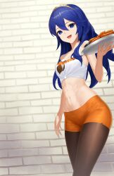 1girls abs absurdres alternate_costume bare_shoulders blue_eyes blue_hair brick_wall chicken_(food) chicken_wing commission crop_top dhokidoki female female_only fire_emblem fire_emblem_awakening food hair_between_eyes highres holding holding_plate hooters long_hair lucina_(fire_emblem) mismatched_pupils navel nintendo non-web_source open_mouth orange_shorts pantyhose pantyhose_under_shorts plate short_shorts shorts solo tiara toned upper_body waitress