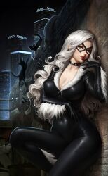 1girls artist_name aylis_nyan black_cat_(marvel) black_outfit blue_eyes bodysuit choker city_background cleavage felicia_hardy leather_outfit light-skinned_female light_skin marvel marvel_comics skin_tight spider-man_(series) voluptuous voluptuous_female white_hair zipper_pull_tab