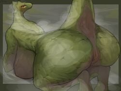 all_fours anthro ass big_breasts big_butt breasts female green_body green_scales hi_res huge_breasts looking_at_viewer looking_back looking_back_at_viewer musk musk_clouds nipples non-mammal_breasts non-mammal_nipples nude onm11 presenting presenting_hindquarters raised_tail reptile scales scalie solo tail thick_thighs yellow_eyes